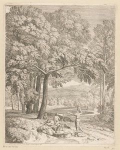 Arkadische Landschaft mit zwei Männern und einer korbtragenden Frau