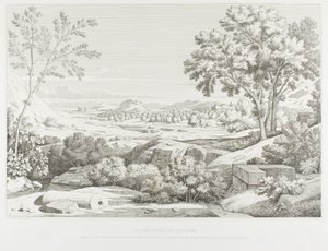Blick von den Ufern des Illisos: Berge der Argolis, Tempel des Olympischen Zeus, die Akropolis, Palast des Königs Corydalus, Dorf Ambelokipos, Berg Anchesmos, Olivenwald und der Fluss Illisos von Théodore Caruelle d