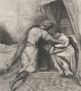 Er erstickt sie: Platte 13 aus Othello Akt 5, Szene 2, geätzt 1844, nachgedruckt 1900 von Théodore Chassériau