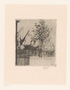 Straßenansicht mit Figuren bei einem Hafen