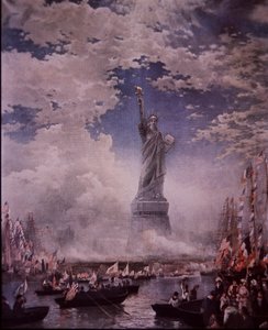 Enthüllung der Freiheitsstatue im New Yorker Hafen, 28. Oktober 1886 (Farblithografie) von Thomas (after) Moran