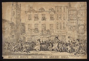 Meister Billys Prozession zur Grocers Hall; Politische Satire auf die Prozession von William Pitt dem Jüngeren zur Grocers Hall, um die Freiheit der Stadt London zu erhalten