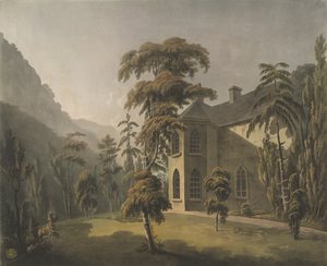 Diese Ansicht im Tal von Llangollen, Plas Newydd mit dem Bibliotheksfenster mit Blick auf den Garten von Thomas (after) Walmsley
