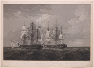 Diese Platte zeigt die französische Fregatte La Proserpine mit 40 Kanonen, die ihre Farben vor der Fregatte Seiner Majestät Dryad mit 36 Kanonen vor Cape Clear am 13. Juni 1796 streicht... gewidmet Kapitän... Lord Amelius Beauclerk... von Thomas (after) Whitcombe