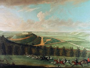 Ansicht von Belvoir Castle von Südwesten, mit Belvoir Hunt in voller Jagd, 1730 von Thomas Badeslade