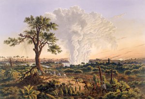 Die Wasserfälle bei Sonnenaufgang mit der aufsteigenden Sprühwolke, 1.200 Fuß, veröffentlicht 1865 von Thomas Baines