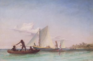 Das Langboot des Boten, angegriffen von Eingeborenen von Thomas Baines