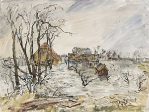 Walcheren-Insel (Niederlande) überflutet. Gemälde von Thomas Hennel (1903-1945), Aquarell 1944