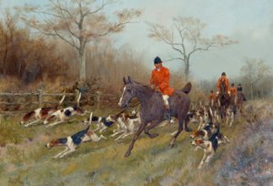 Jäger und Hunde in einer bewaldeten Landschaft