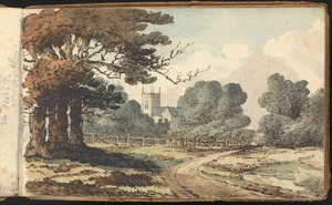 Album mit Landschafts- und Figurenstudien: Ländliche Szene mit Kirche von Thomas Bradshaw