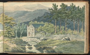 Album mit Landschafts- und Figurenstudien: Zwei Häuser an einer Straße in den Bergen von Thomas Bradshaw