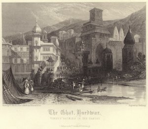 Das Ghat in Hurdwar mit Hindus, die im Ganges baden von Thomas Colman Dibdin