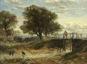 Landschaft mit Bach, Brücke und Hütte