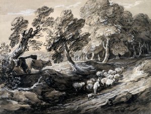 Ein Hirte treibt eine Schafherde durch einen Wald