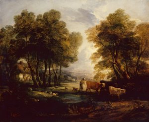 Eine bewaldete Landschaft mit Hirten, Kühen und Schafen in der Nähe eines Teichs von Thomas Gainsborough