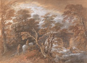 Hügellandschaft mit Figuren, die sich einer Brücke nähern