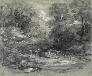 Landschaft mit Bauernwagen auf einem gewundenen Weg zwischen Bäumen