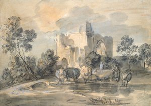 Landschaft mit einer Ruine und Vieh an einem Teich, ca. 1770er Jahre