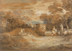 Gebirgslandschaft mit Figuren, Schafen und Brunnen