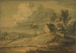 Waldlandschaft mit Hütte, Kühen und Schafen, ca. 1770