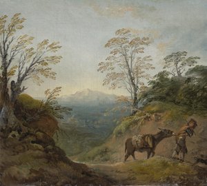 Waldlandschaft mit einem Jungen, der einen Esel und einen Hund führt, und einem weiten Panorama mit Gebäuden und fernen Hügeln, frühe 1760er Jahre