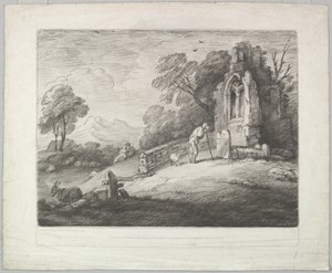 Waldlandschaft mit einem Bauern, der einen Grabstein liest, rustikale Liebhaber und eine Ruine, 1. August 1797