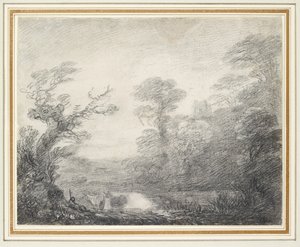 Waldlandschaft mit Hirten, Kühen und Kirchturm