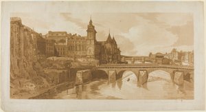 Ansicht von Pont au Change, dem Stadttheater, Pont Neuf, Conciergerie-Gefängnis usw. vom Pont Notre Dame aus, aus einer Auswahl von zwanzig der malerischsten Ansichten in Paris von Thomas Girtin