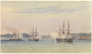 Der China-Krieg 1857, drei Schiffe Ihrer Majestät bombardieren und Schiffsboote an Land