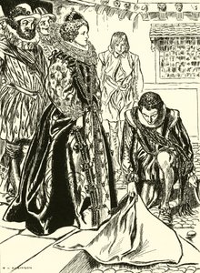 Raleigh breitet seinen Mantel vor Elizabeth aus (Gravur) von Thomas Heath Robinson