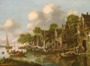 Flusslandschaft mit Booten und Figuren bei einer Taverne, 17. Jahrhundert