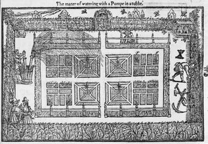 Die Art des Bewässerns mit einer Pumpe in einem Fass, aus The Gardeners Labyrinth, 1577