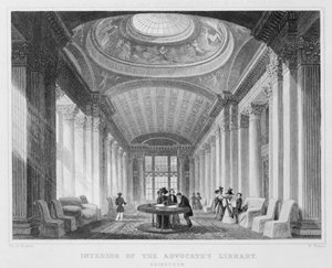 Innenansicht der Bibliothek des Anwalts, Edinburgh, graviert von William Watkins, 1831 (Gravur) (sw Foto)