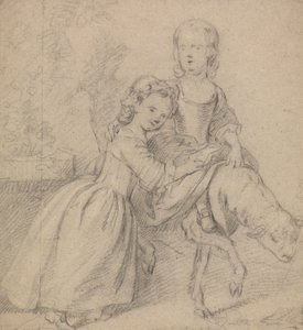Zwei Mädchen in einer Landschaft, eines reitet auf einem Lamm von Thomas Hudson