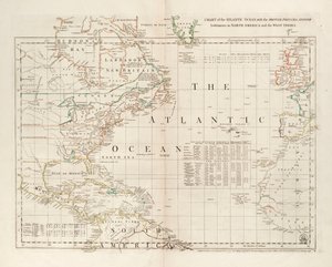 Karte des Atlantischen Ozeans mit den britischen, französischen und spanischen Siedlungen in Nordamerika und den Westindischen Inseln