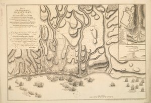 Plan des Angriffs auf Basseterre auf der Insel Guadeloupe durch ein Geschwader von Kriegsschiffen seiner Majestät unter dem Kommando von Commodore Moore am 22. Januar 1759, auch die Lager des britischen Heeres unter dem Kommando von General Hopson und die  von Thomas Jefferys