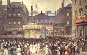 Die Übergabe des restaurierten Marktkreuzes, Edinburgh, an den Magistratsrat durch den ehrenwerten W.E. Gladstone, MP, 23. November 1885 von Thomas L. Sawers