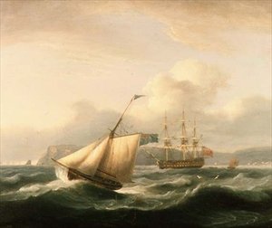 Ein Zweidecker vor Anker im Hafen von Torbay, mit einem Kutter im Vordergrund