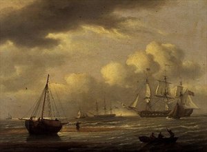 Ein Indiaman in der Wende und Boote vor der Südküste