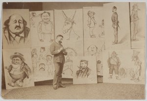 Ganzkörperporträt von Thomas Nast mit einer Gruppe von Karikaturen von Thomas Nast