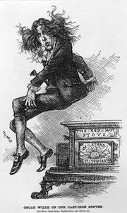 Oscar Wilde auf unseren Gusseisenöfen. Eine weitere amerikanische Institution, die niedergesessen wurde, Illustration aus Harpers Weekly, veröffentlicht 1882