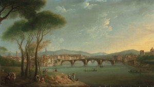 Ein Blick auf den Arno, Florenz, von den Cascine-Gärten, mit Figuren, die im Vordergrund fischen und auf den Felsen ruhen, die Ponte alla Carità und die Ponte Vecchio im Hintergrund von Thomas Patch