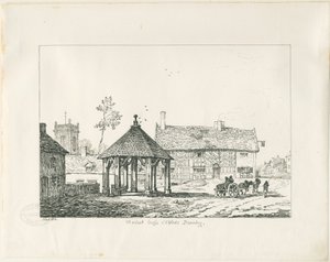 Abbots Bromley - Tudor-Marktkreuz und Haus: Feder- und Tintenzeichnung