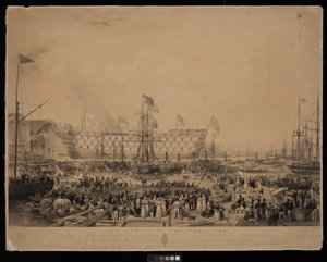 Der Stapellauf der Trafalgar, in Anwesenheit Ihrer Majestät Königin Victoria und Seiner Königlichen Hoheit Prinz Albert, in der H.M. Werft, Woolwich