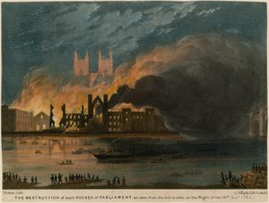Die Zerstörung beider Häuser des Parlaments, gesehen von der Surrey-Seite von Thomas Picken