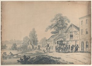Eine Kutsche vor einem Gasthaus