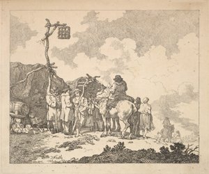 Ein Jahrmarkt - Eine Gruppe von Zigeunern - Männer und Frauen in rustikaler Kleidung vor zwei provisorischen Zelten, 1786