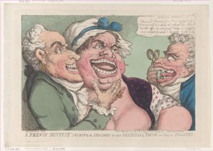 Ein französischer Zahnarzt zeigt ein Exemplar seiner künstlichen Zähne und falschen Gaumen, 26. Februar 1811