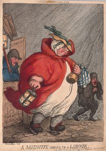 Eine Hebamme geht zu einer Geburt, veröffentlicht 1811 (handkolorierter Stich)