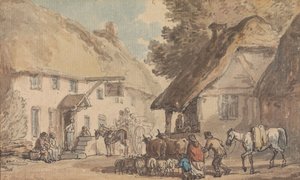 Eine Dorfstraße mit Vieh und Schafen, die hindurchgetrieben werden von Thomas Rowlandson